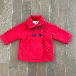 Baby Boden Red Pea Coat with Navy Buttons